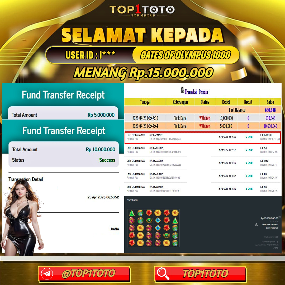 TOP1TOTO JACKPOT SLOT GATES OF OLYMPUS 1000 Rp.15.000.000 - LUNAS USER ID : I***