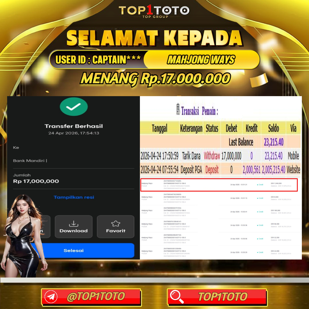 TOP1TOTO JACKPOT SLOT MAHJONG WAYS Rp.17.000.000 - LUNAS USER ID : CAPTAIN***