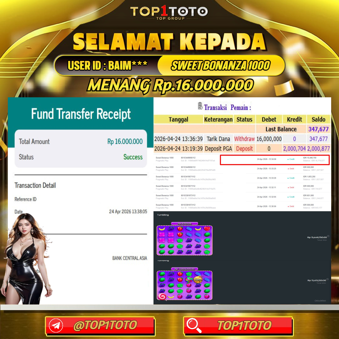 TOP1TOTO JACKPOT SLOT SWEET BONANZA 1000 Rp.16.000.000 - LUNAS USER ID : BAIM***