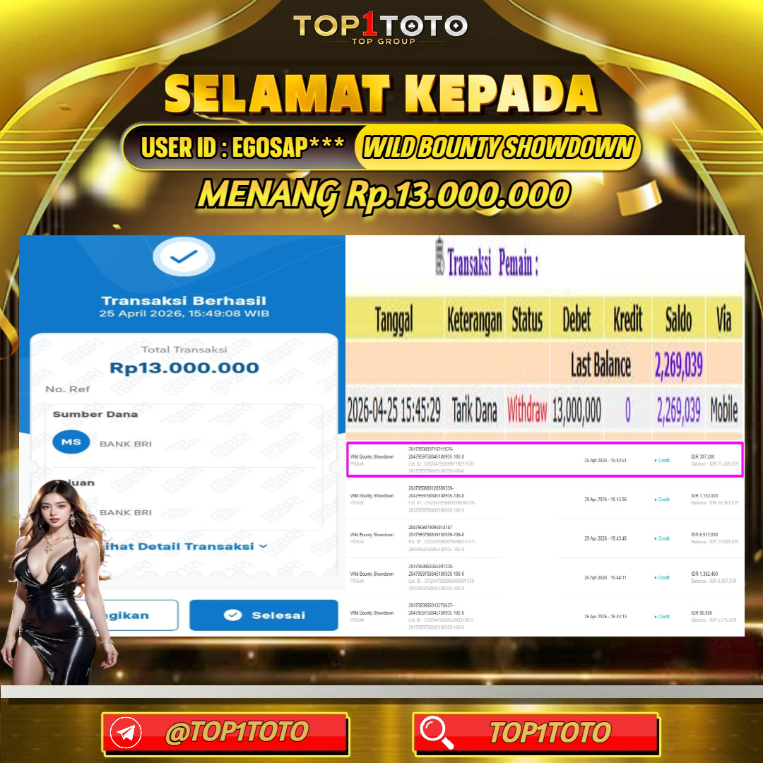 TOP1TOTO JACKPOT SLOT WILD BOUNTY SHOWDOWN Rp.13.000.000 - LUNAS USER ID : EGOSAP***