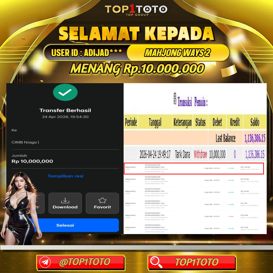 TOP1TOTO JACKPOT SLOT MAHJONG WAYS 2 Rp 10.000.000 - LUNAS USER ID : ADIJAD***